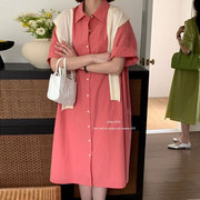 梅子粉连衣裙韩系气质糖果色直筒裙polo领中长款开衩树莓粉衬衫裙