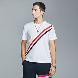 红白蓝条纹高级感潮牌tb白色，短袖t恤夏季男装纯棉休闲时尚上衣潮