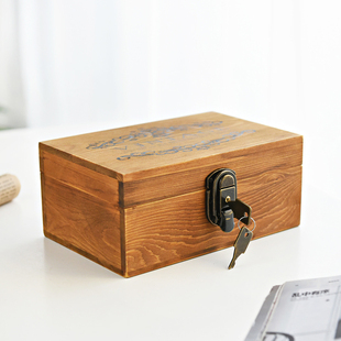 小号带锁木盒 zakka风格仿古收纳盒桌面首饰盒盒子实木复古带盖子