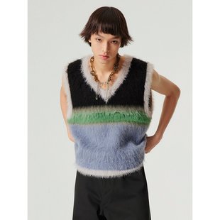 simpleproject羊毛混纺长绒毛感撞色条纹针织v领背心毛衣马甲