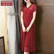 香妮芬红色时尚洋气中年，妈妈连衣裙2024春夏装短袖高端台湾纱