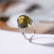 天然墨西哥蓝珀戒指925纯银波纹，琥珀宝石开口指环时尚气质银手饰