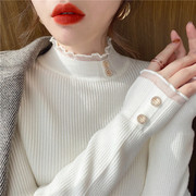白色半高领打底衫女秋冬洋气，2024年加绒毛衣，蕾丝内搭针织上衣