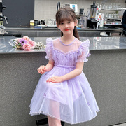 女童连衣裙夏装紫色公主，裙儿童时髦洋气蓬蓬，纱女宝宝短袖礼服裙子