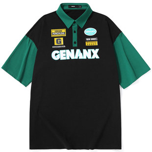 GENANX闪电潮牌2023夏季polo衫领短袖T恤赛车风格设计印花T恤