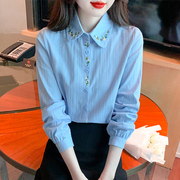 刺绣全棉女士衬衣春季2024韩版单排多扣上衣，百搭气质长袖衬衫