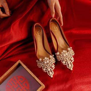 红色婚鞋女秀禾婚纱，两穿2024年中式孕妇低跟平底新娘鞋不累脚