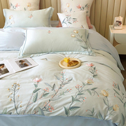 轻奢风床单四件套100纯棉，全棉被套4件套优雅花卉刺绣被罩床上用品