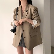 韩国chic早春法式复古宽松百搭单排扣撞色条纹，拼接长袖西装外套女