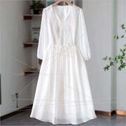 超仙白色刺绣雪纺连衣裙2023春秋，高级气质宽松显瘦度假长裙子