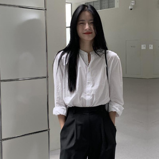 韩版圆领白色衬衫女长袖夏纯棉衬衣复古设计感薄款外穿上衣泡泡袖