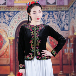 新疆舞演出服女士秋冬季金丝绒绣花外套民族风维族舞台上衣