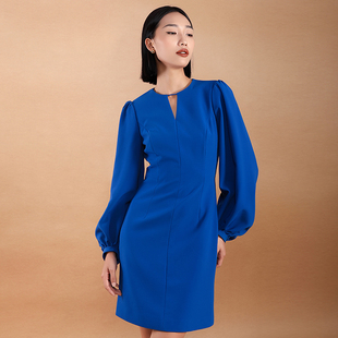 brandbymei时髦感宝蓝色灯笼，泡泡袖设计纯色，宽松过膝长袖连衣裙