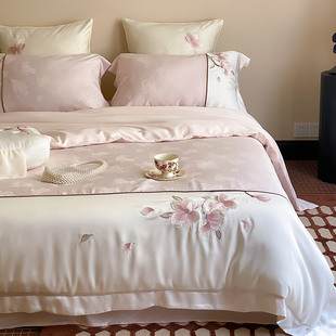春夏季超柔天丝棉提花四件套，新中式花卉刺绣，凉感被套床单床上用品