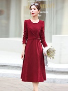 女人味红色长袖连衣裙女2024年春季高端气质优雅减龄显瘦裙子