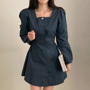 韩国chic春季复古气质方领单排扣系带收腰显瘦水洗长袖牛仔连衣裙