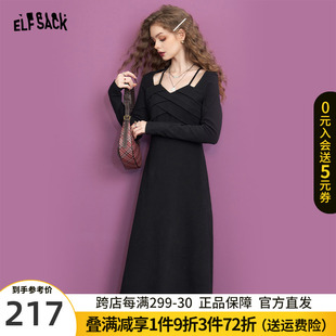妖精的口袋法式黑色镂空长袖连衣裙女2023冬季修身显瘦小黑裙