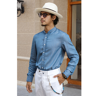 艾比路23春夏复古文艺天丝牛仔，洗水蓝小立领凉感透气长袖男衬衫