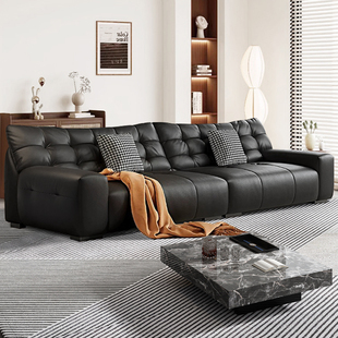 意式极简大黑熊沙发真皮沙发大小户型现代客厅黑色皮艺直排沙发