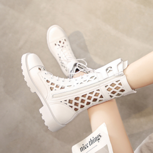 白色真皮马丁靴女夏季薄款2024年短靴，网纱透气配裙子女靴中筒