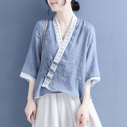 中国风上衣蕾丝斜襟盘扣，开衫七分袖，衬衫女假两件棉麻夏季文艺茶服