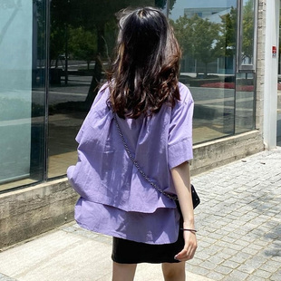 自制日系分层不规则衬衫女薰衣草，紫短袖ins潮，设计感小众温柔衬衣