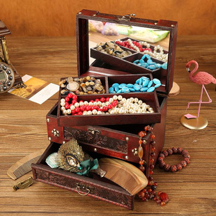 复古高档结婚饰品珠宝首饰盒中式木质带锁梳妆盒发簪项链收纳盒子