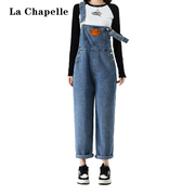 拉夏贝尔时尚设计感复古减龄背带裤女高腰直筒学院风连体裤子