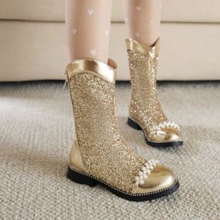 金色儿童马丁靴儿童银色宝宝中筒靴加绒水晶靴子单靴女洋气表演鞋