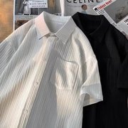 白色高级感冰丝条纹短袖衬衫男夏季港风潮牌痞帅衬衣垂感宽松外套