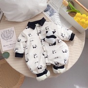 婴儿连体衣秋冬长袖加绒爬服韩版卡通熊猫印花棉衣 0-1岁宝宝哈衣