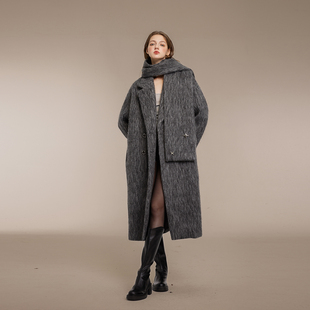 keepblue灰色长毛40羊毛大衣外套，女秋冬高级感冬季加厚中长款呢子