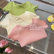2023夏季韩版女童装短袖交叉露背T恤宝宝糖果色甜美纯色短袖