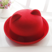 毛呢帽(毛呢帽)韩版秋冬帽子女，卷边猫耳朵圆顶红色，礼帽百搭男女情侣毡帽男