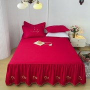 欧式大红纯棉床裙单件，1.5m情侣婚庆100全棉，床罩1.8米喜庆床单双人