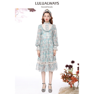 LULUALWAYS商场同款秋季法式格子印花长裙雪纺重工珍珠连衣裙