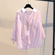 粉色条纹防晒衬衫女夏季韩版漂亮上衣宽松休闲蝙蝠袖衬衣