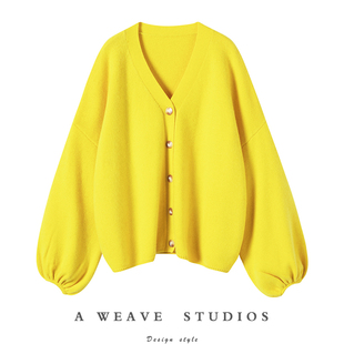 重磅加厚!柠檬黄灯笼，袖v领粗针羊绒毛衣开衫，女纯羊绒针织开衫