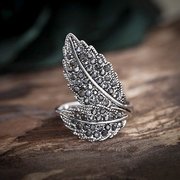 日韩版锆石马克赛石复古泰银工艺树叶保色戒指 生日装饰戒指