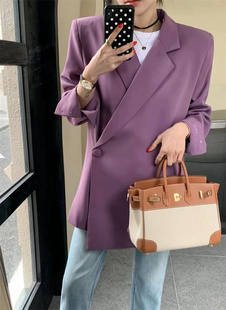 一粒扣紫色西装外套女春秋韩版宽松休闲高级感炸街小个子上衣