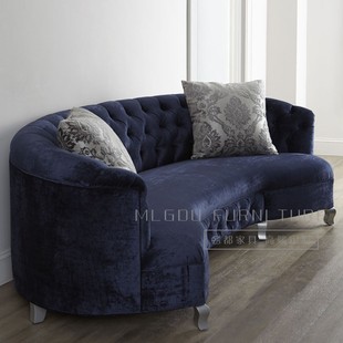 欧式复古蓝色拉扣丝绒布艺沙发，美式轻奢弧形三人沙发婚纱摄影沙发