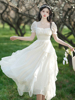 法式复古浪漫白色连衣裙，女夏季2023高腰不规则，裙摆仙女长裙子