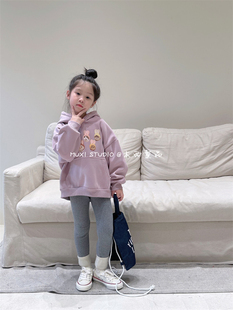 木西童品2023冬韩国版女童粉紫色猫咪加绒连帽卫衣显白加厚上衣潮
