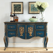 浮雕瓶安美式餐边柜地中海蓝色，装饰柜复古法式实木彩绘储物玄关柜