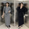 欧洲站2024春季韩版V领纯色落肩大版T恤显瘦直筒裙两件套套装裙女