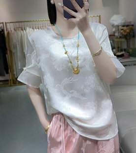 新中式国风真丝衬衫女夏季圆领短袖桑蚕丝上衣，设计感小众百搭小衫
