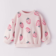 女童满印草莓粉红圆领秋季卫衣长袖体恤衫儿童秋冬装宝宝套头上衣