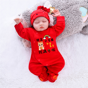 新生婴儿衣服春秋男孩宝宝满月服夏季连体，衣女红色百天百岁薄套装