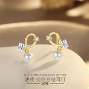 新s925纯银方形锆石耳钉，女时尚镶钻珍珠，耳环高级感甜美风百搭饰品