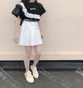 实体店韩货童装女童黑色纯棉蕾丝短袖T恤白色百褶裙两件套装大童